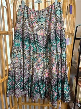 Style and Co Tiered Boho Maxi Skirt in Teal, Pink & Black 100% cotton